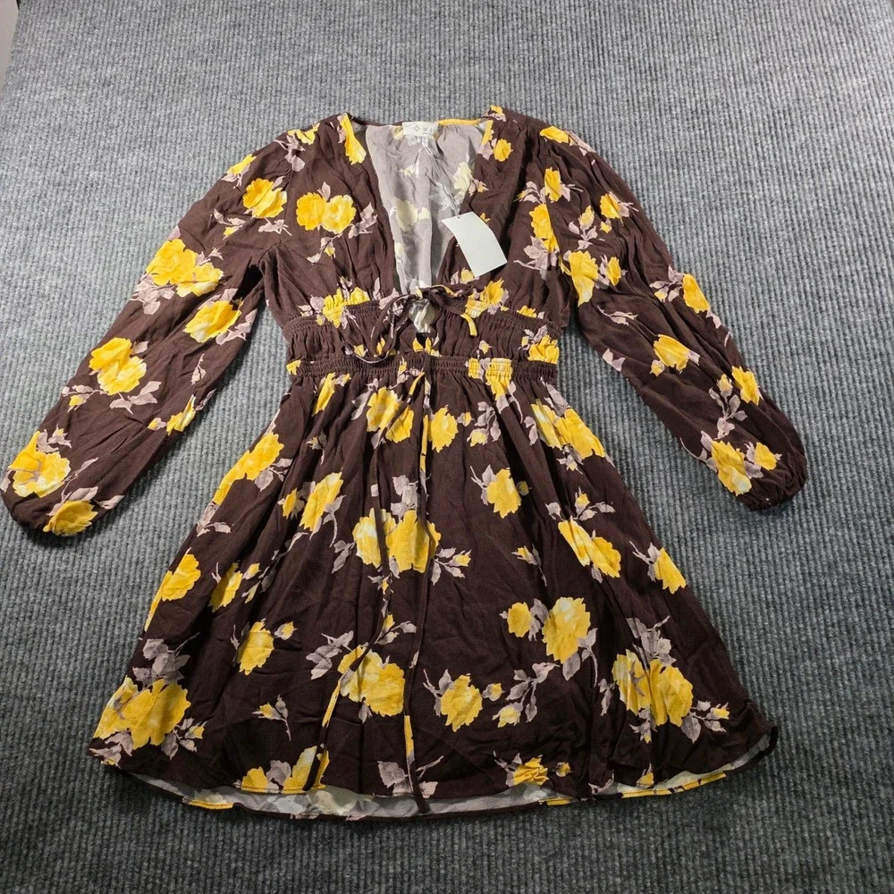 WAYF Brown Yellow Floral Long Sleeve Smocked Mini Dress‎ Tie Front Small NWT